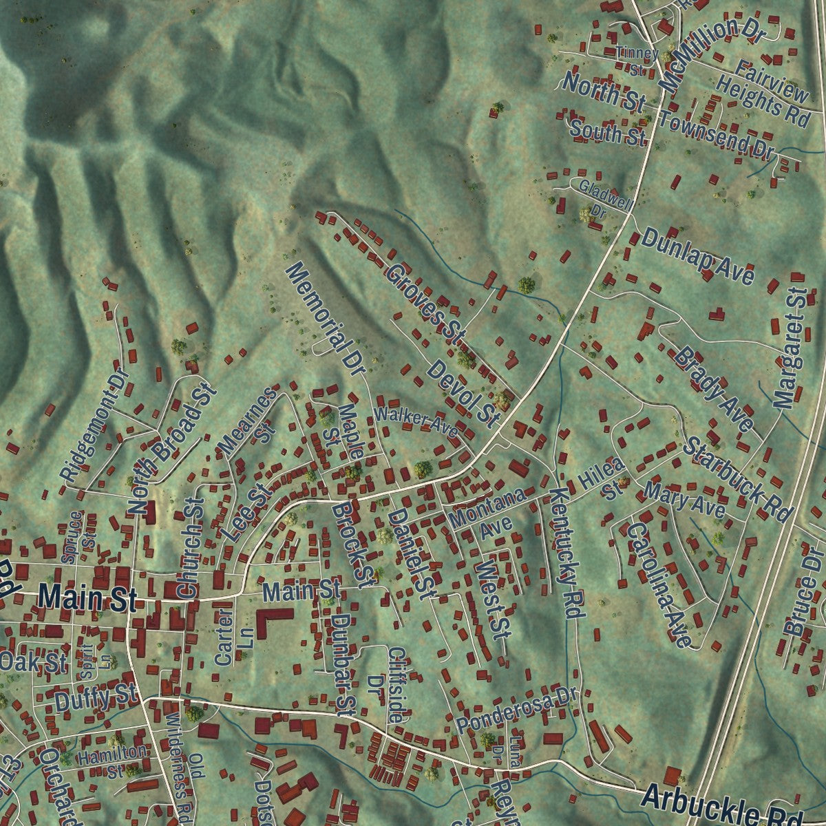 Close-up of the map of Summersville, West Virginia print showing street and building detail