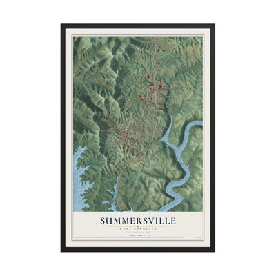 Map of Summersville, West Virginia, 12 x 18 inch print in a black wood frame