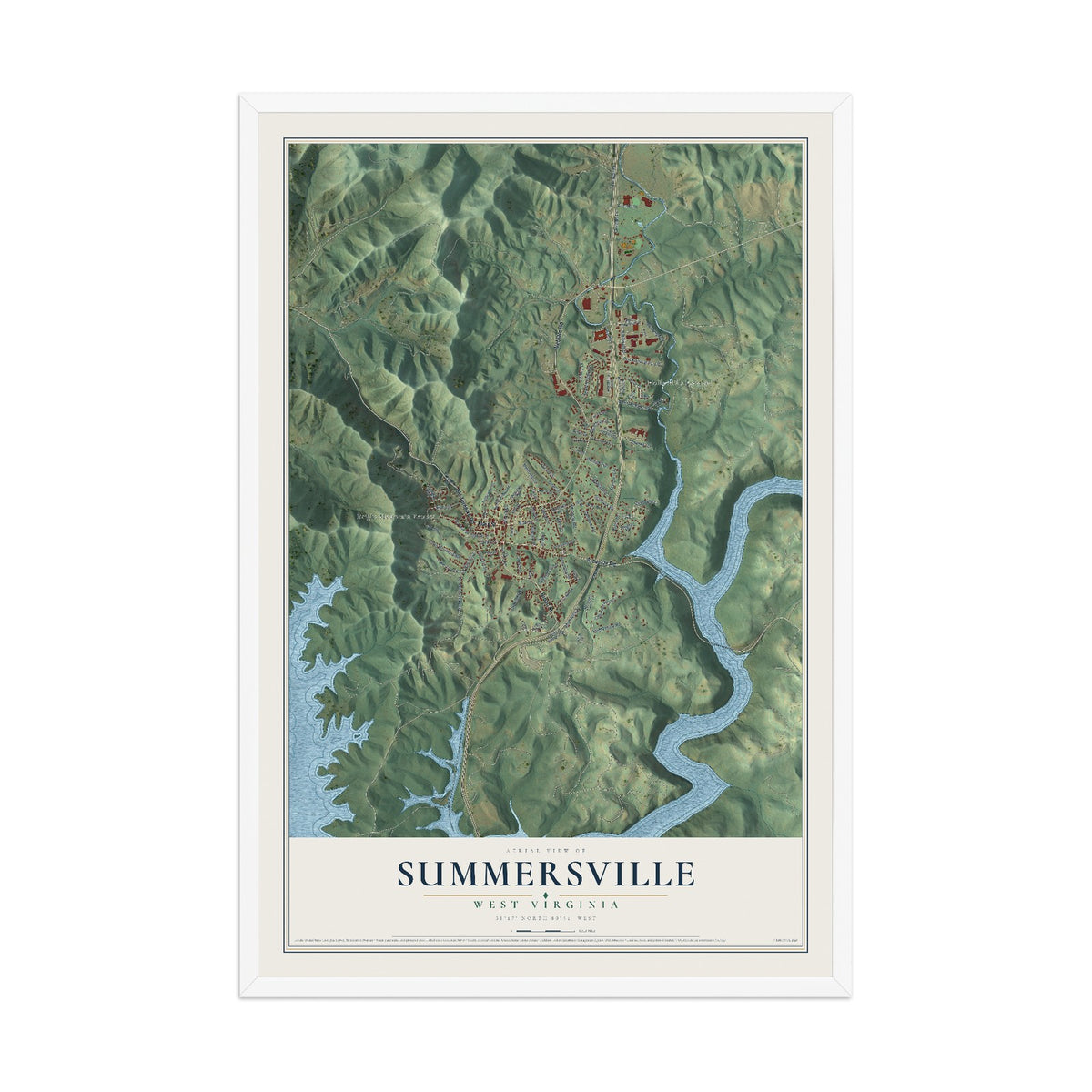 Map of Summersville, West Virginia, 12 x 18 inch print in a white wood frame