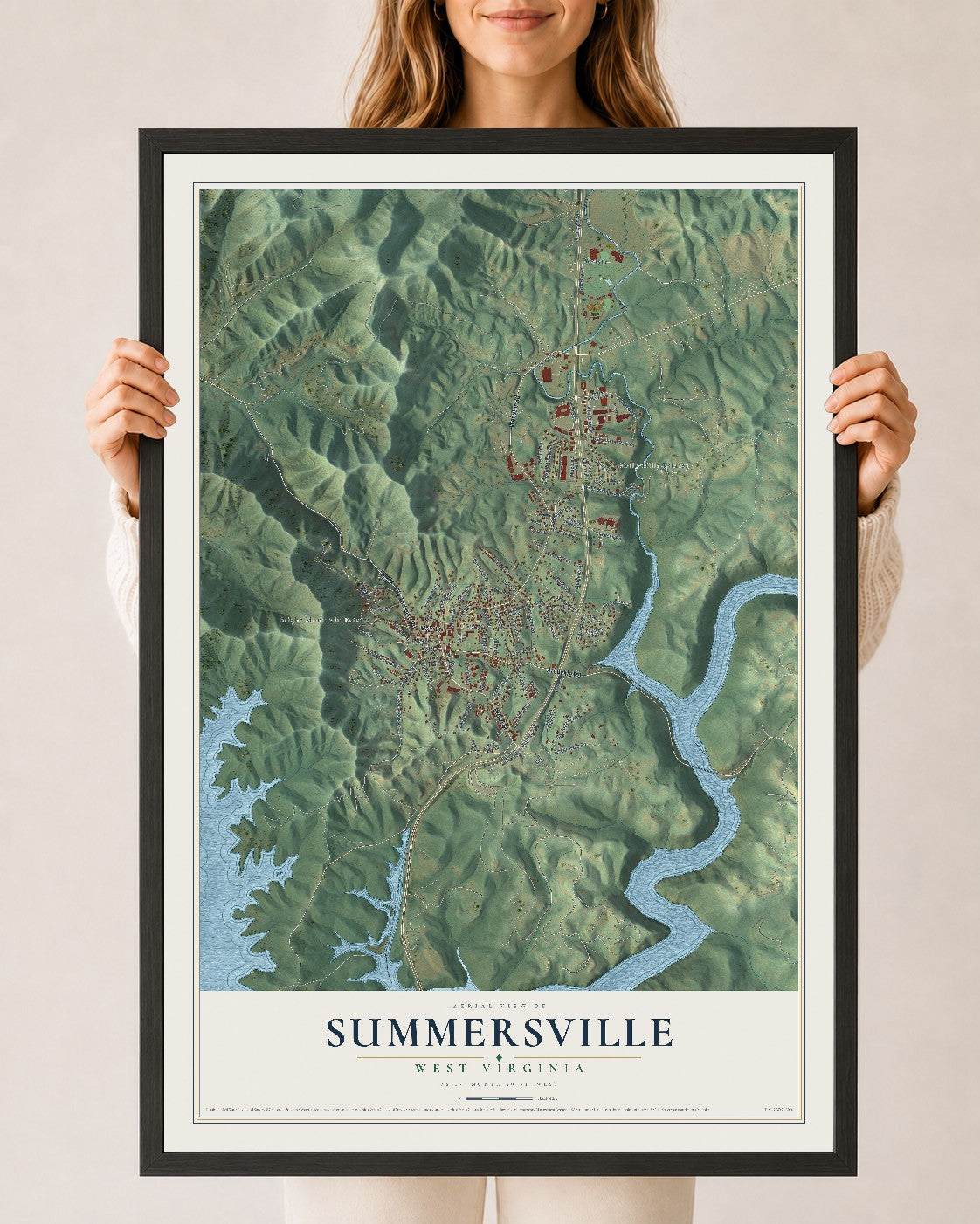 Map of Summersville, West Virginia, 24 x 36 inch print in a black wood frame