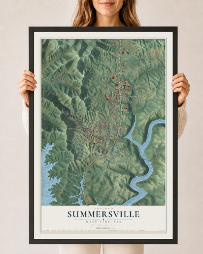 Map of Summersville, West Virginia, 24 x 36 inch print in a black wood frame