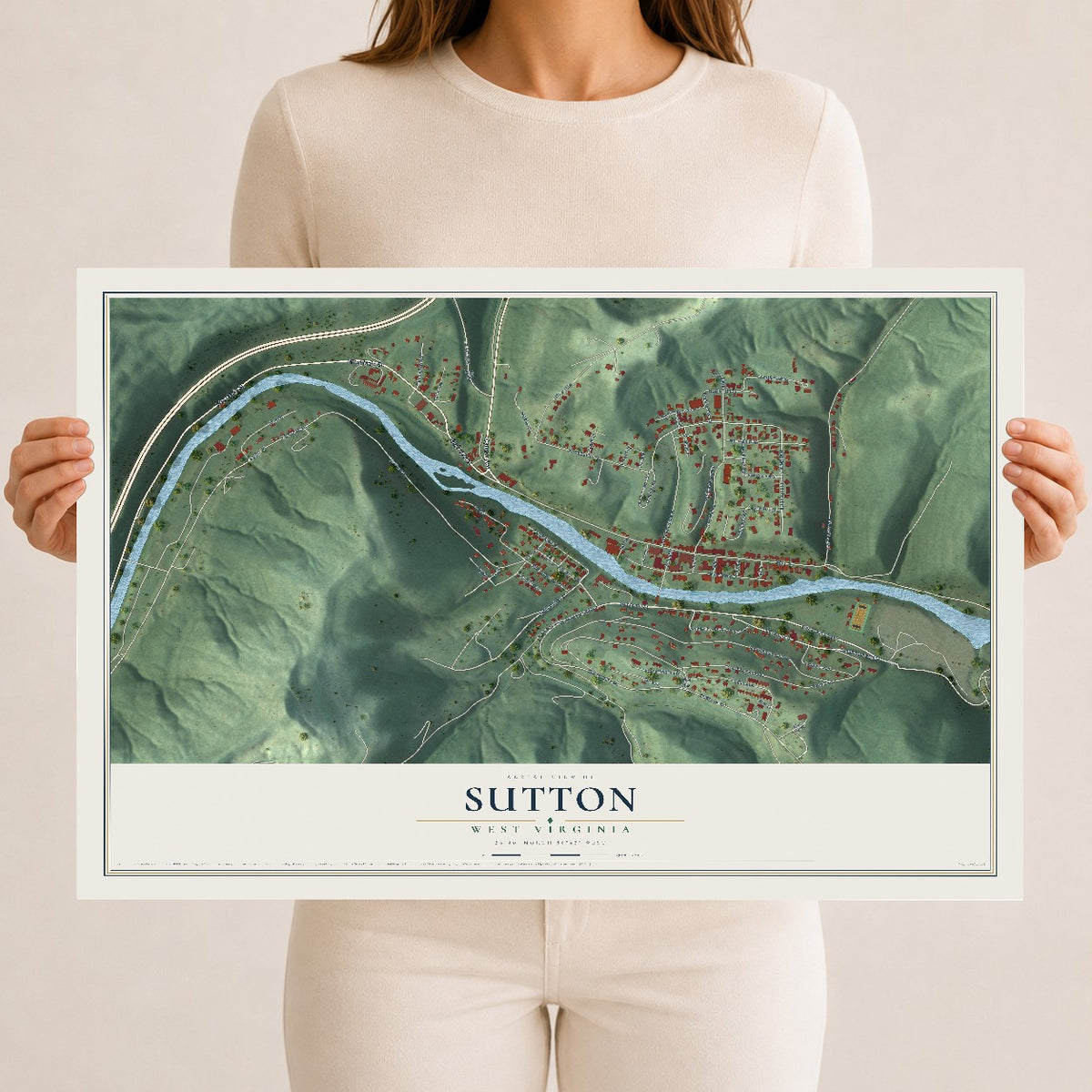 Map of Sutton, West Virginia, 12 x 18 inch unframed archival matte print