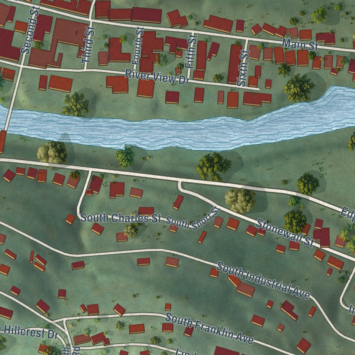 Close-up of the map of Sutton, West Virginia print showing street and building detail