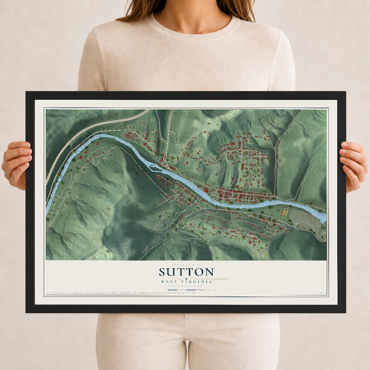 Map of Sutton, West Virginia, 12 x 18 inch print in a black wood frame