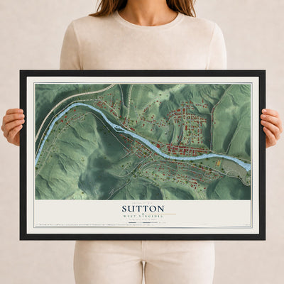 Map of Sutton, West Virginia, 12 x 18 inch print in a black wood frame