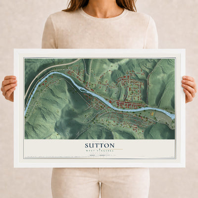 Map of Sutton, West Virginia, 12 x 18 inch print in a white wood frame