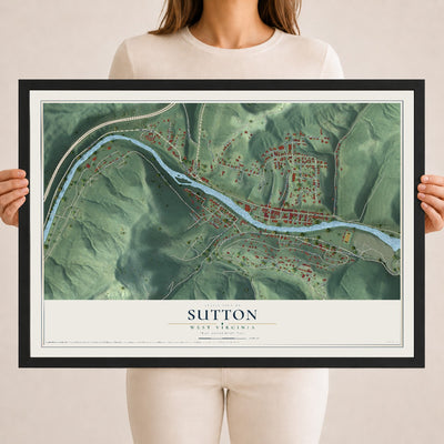 Map of Sutton, West Virginia, 18 x 24 inch print in a black wood frame