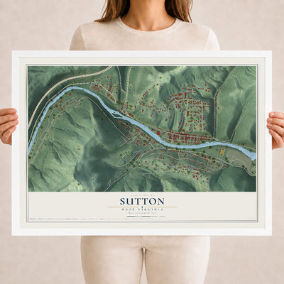 Map of Sutton, West Virginia, 18 x 24 inch print in a white wood frame