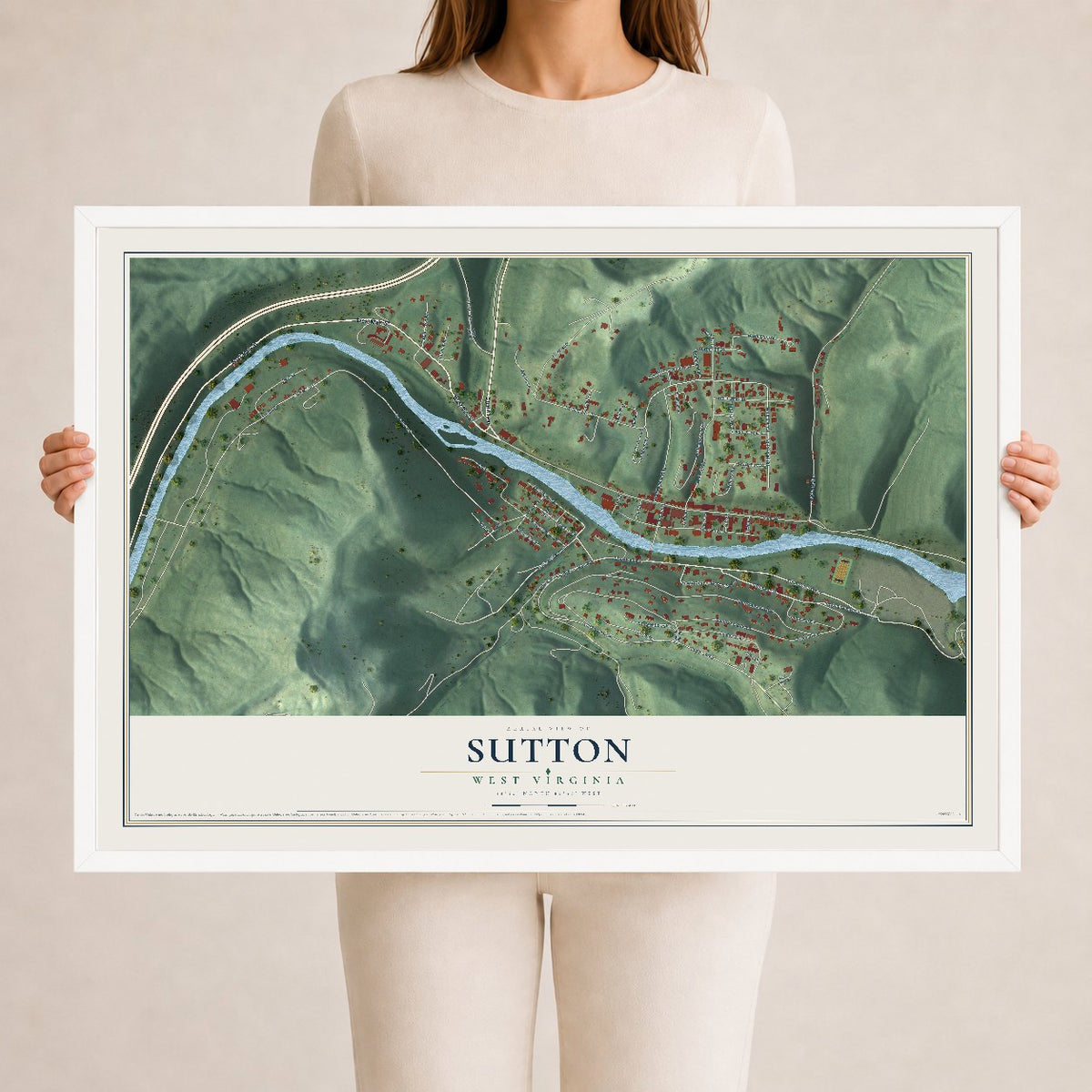 Map of Sutton, West Virginia, 24 x 36 inch print in a white wood frame
