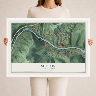 Map of Sutton, West Virginia, 24 x 36 inch print in a white wood frame