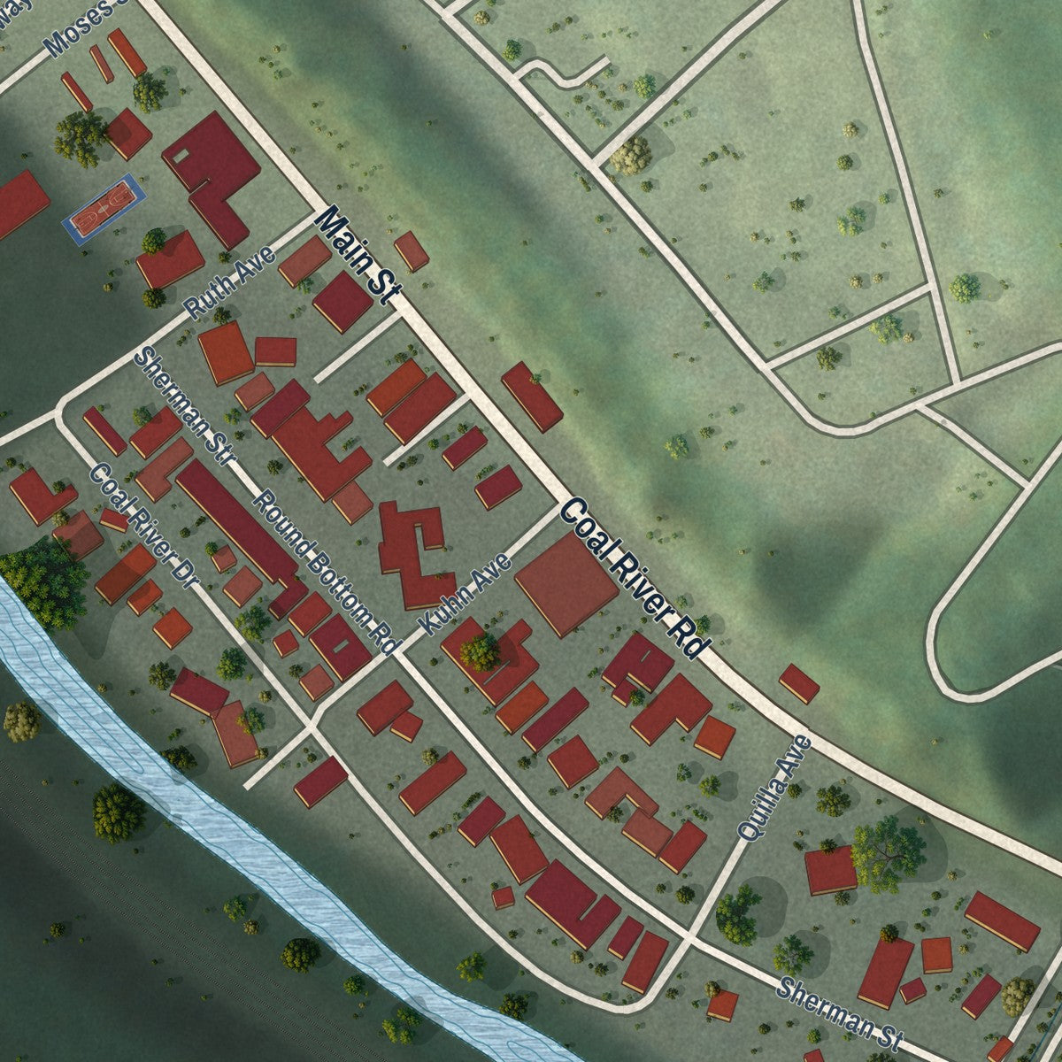 Close-up of the map of Sylvester, West Virginia print showing street and building detail