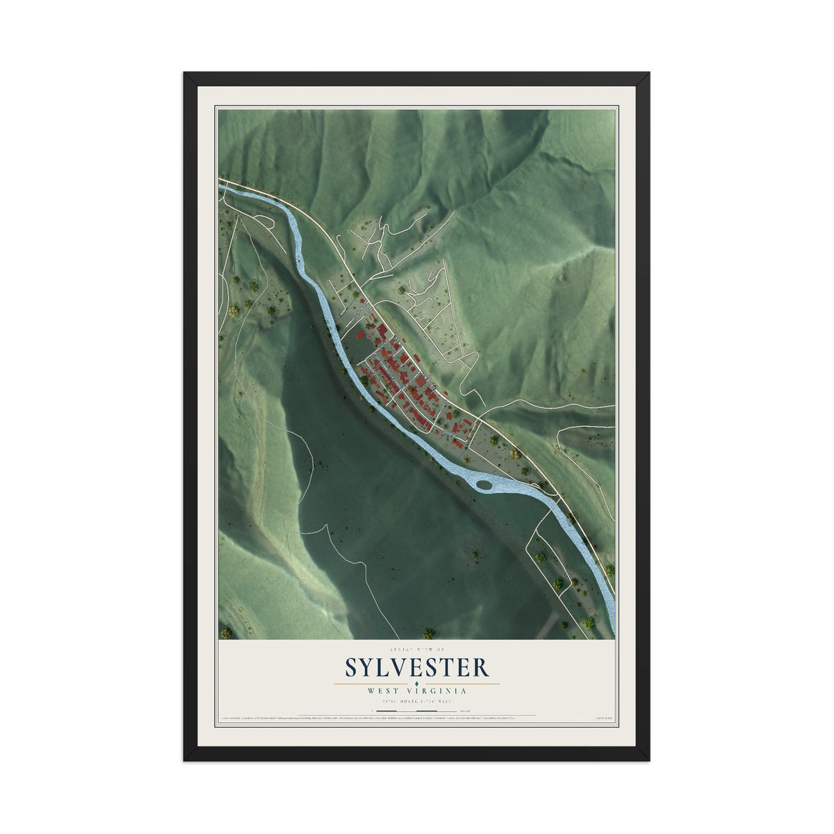 Map of Sylvester, West Virginia, 12 x 18 inch print in a black wood frame