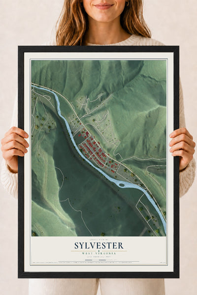 Map of Sylvester, West Virginia, 18 x 24 inch print in a black wood frame