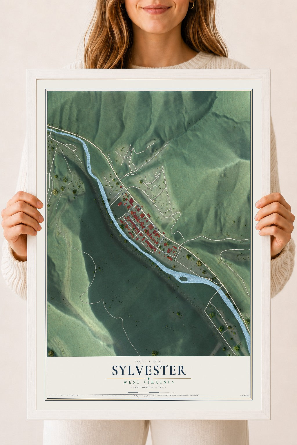 Map of Sylvester, West Virginia, 18 x 24 inch print in a white wood frame