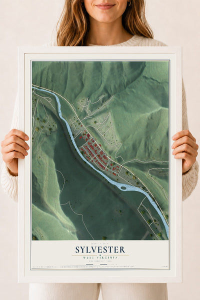 Map of Sylvester, West Virginia, 18 x 24 inch print in a white wood frame