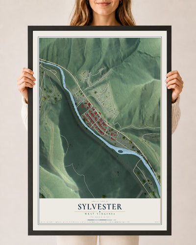 Map of Sylvester, West Virginia, 24 x 36 inch print in a black wood frame
