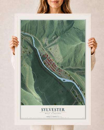 Map of Sylvester, West Virginia, 24 x 36 inch print in a white wood frame