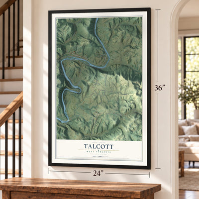 Talcott, West Virginia map, 24 x 36 inch print in a black frame by a staircase