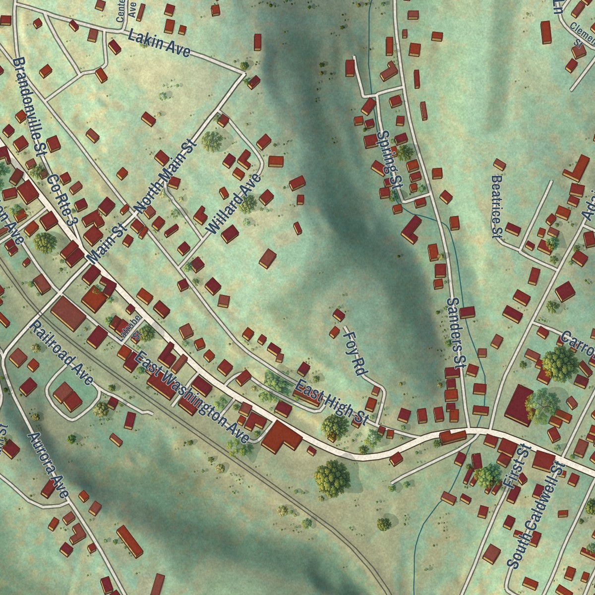 Close-up of the map of Terra Alta, West Virginia print showing street and building detail