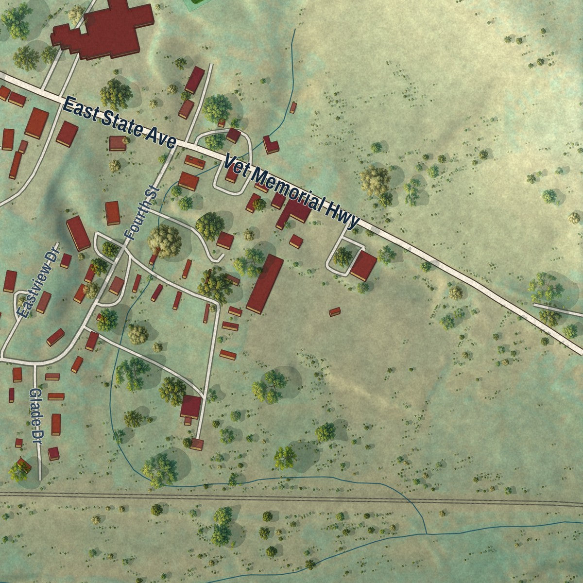 Second close-up of the map of Terra Alta, West Virginia print showing more streets and buildings