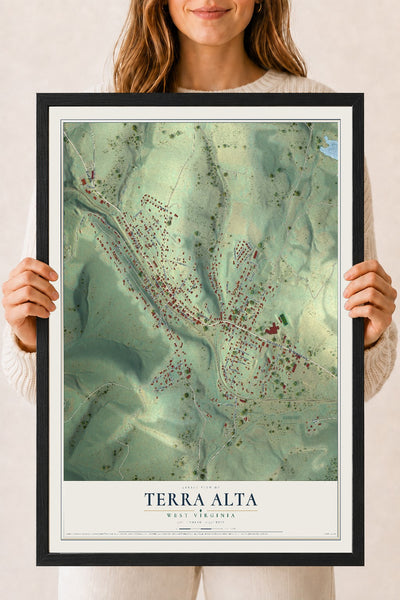 Map of Terra Alta, West Virginia, 18 x 24 inch print in a black wood frame