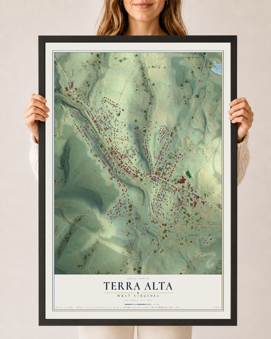 Map of Terra Alta, West Virginia, 24 x 36 inch print in a black wood frame