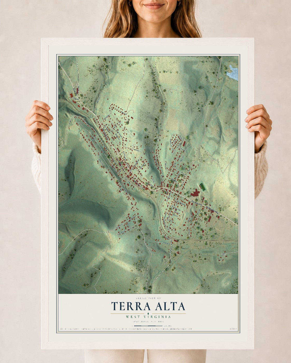 Map of Terra Alta, West Virginia, 24 x 36 inch print in a white wood frame