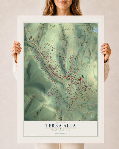 Map of Terra Alta, West Virginia, 24 x 36 inch print in a white wood frame