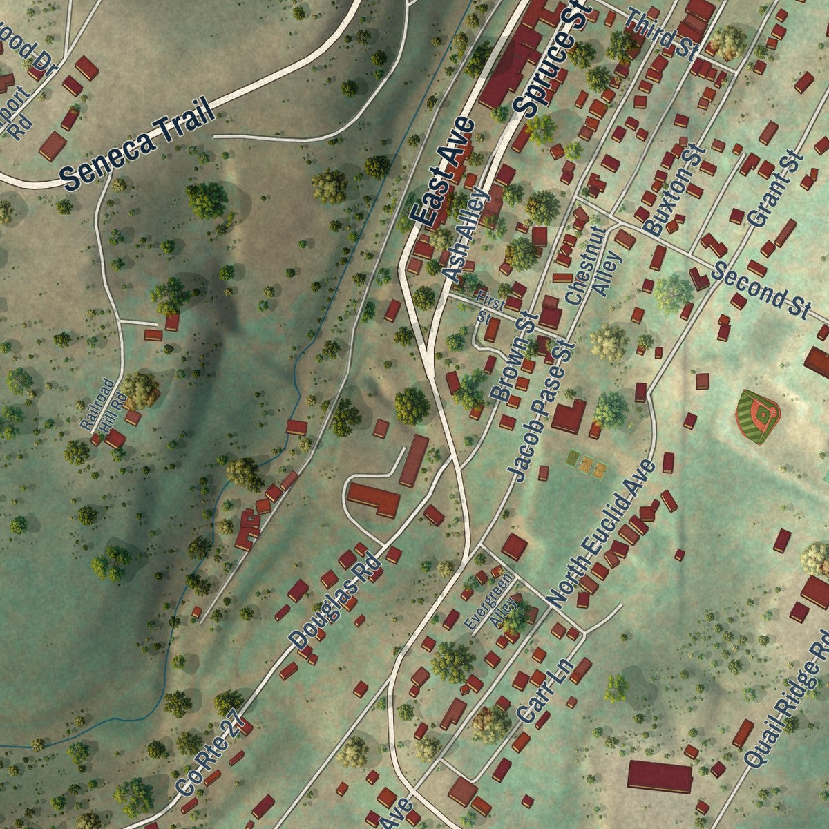 Close-up of the map of Thomas, West Virginia print showing street and building detail