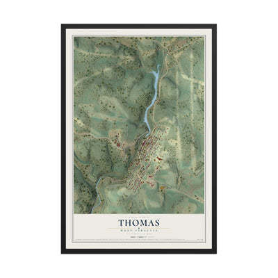 Map of Thomas, West Virginia, 12 x 18 inch print in a black wood frame