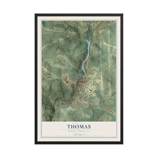 Map of Thomas, West Virginia, 12 x 18 inch print in a black wood frame
