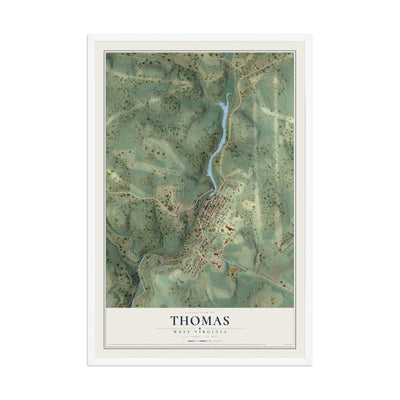 Map of Thomas, West Virginia, 12 x 18 inch print in a white wood frame
