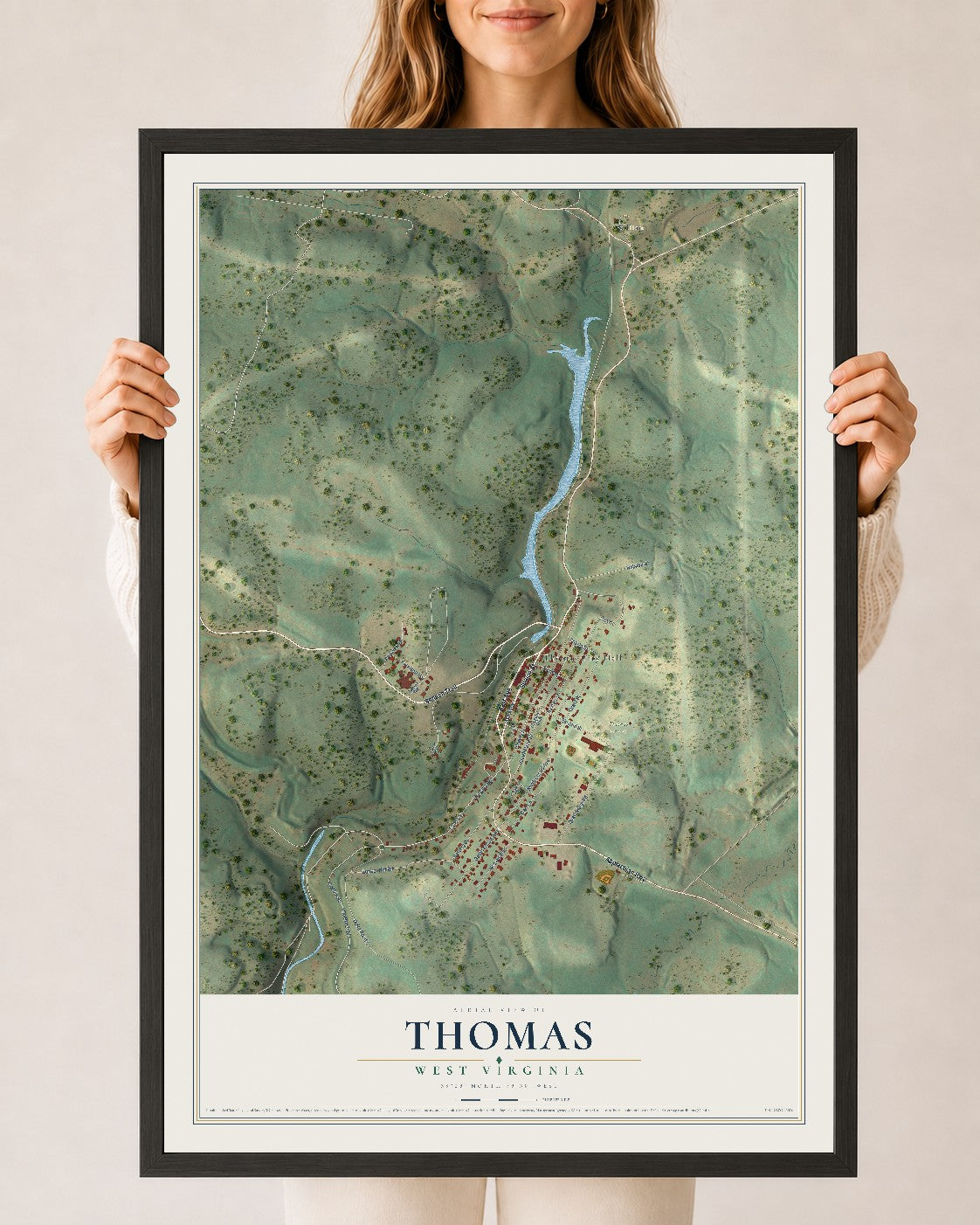 Map of Thomas, West Virginia, 24 x 36 inch print in a black wood frame
