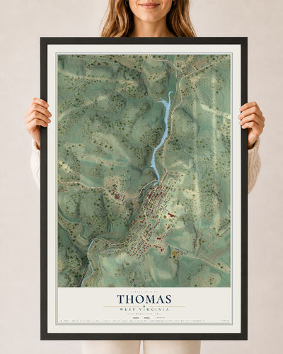 Map of Thomas, West Virginia, 24 x 36 inch print in a black wood frame