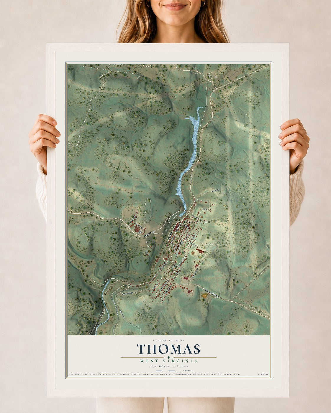 Map of Thomas, West Virginia, 24 x 36 inch print in a white wood frame