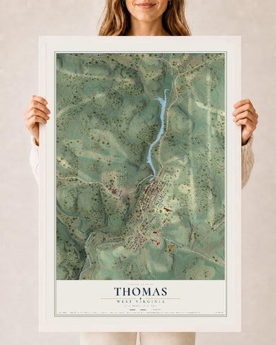 Map of Thomas, West Virginia, 24 x 36 inch print in a white wood frame