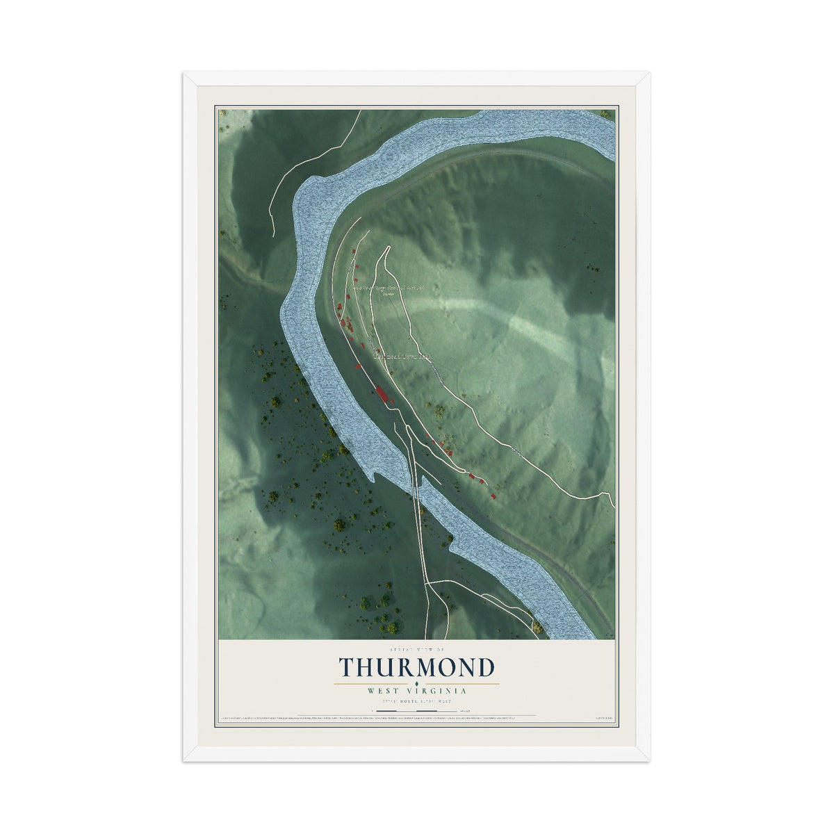 Map of Thurmond, West Virginia, 12 x 18 inch print in a white wood frame