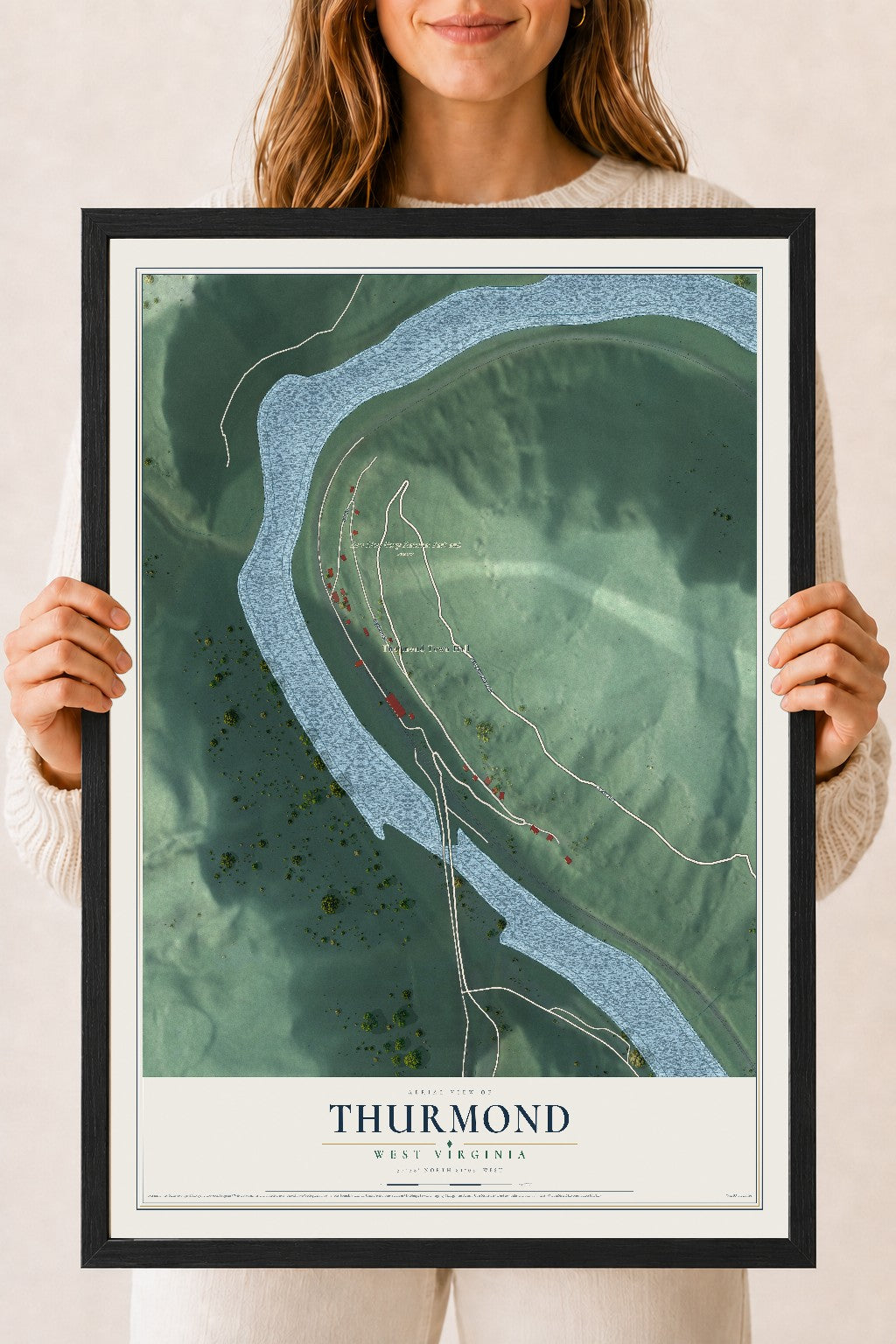 Map of Thurmond, West Virginia, 18 x 24 inch print in a black wood frame