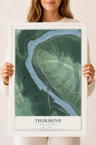 Map of Thurmond, West Virginia, 18 x 24 inch print in a white wood frame