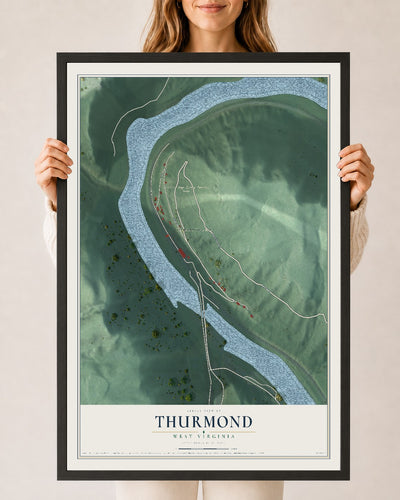 Map of Thurmond, West Virginia, 24 x 36 inch print in a black wood frame