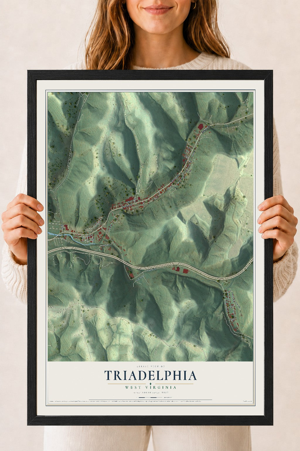 Map of Triadelphia, West Virginia, 18 x 24 inch print in a black wood frame