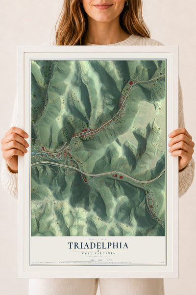 Map of Triadelphia, West Virginia, 18 x 24 inch print in a white wood frame
