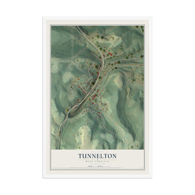 Map of Tunnelton, West Virginia, 12 x 18 inch print in a white wood frame