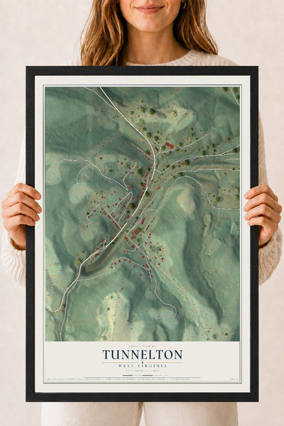 Map of Tunnelton, West Virginia, 18 x 24 inch print in a black wood frame