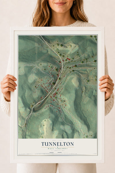 Map of Tunnelton, West Virginia, 18 x 24 inch print in a white wood frame