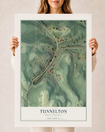 Map of Tunnelton, West Virginia, 24 x 36 inch print in a white wood frame