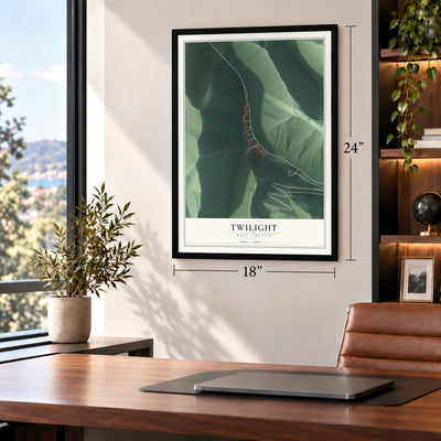 Twilight, West Virginia map, 18 x 24 inch print in a black frame in a home office