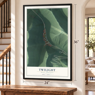 Twilight, West Virginia map, 24 x 36 inch print in a black frame by a staircase