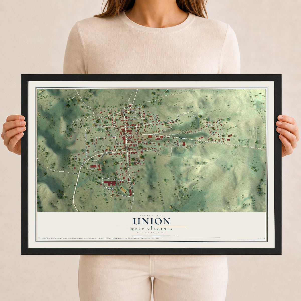 Map of Union, West Virginia, 12 x 18 inch print in a black wood frame