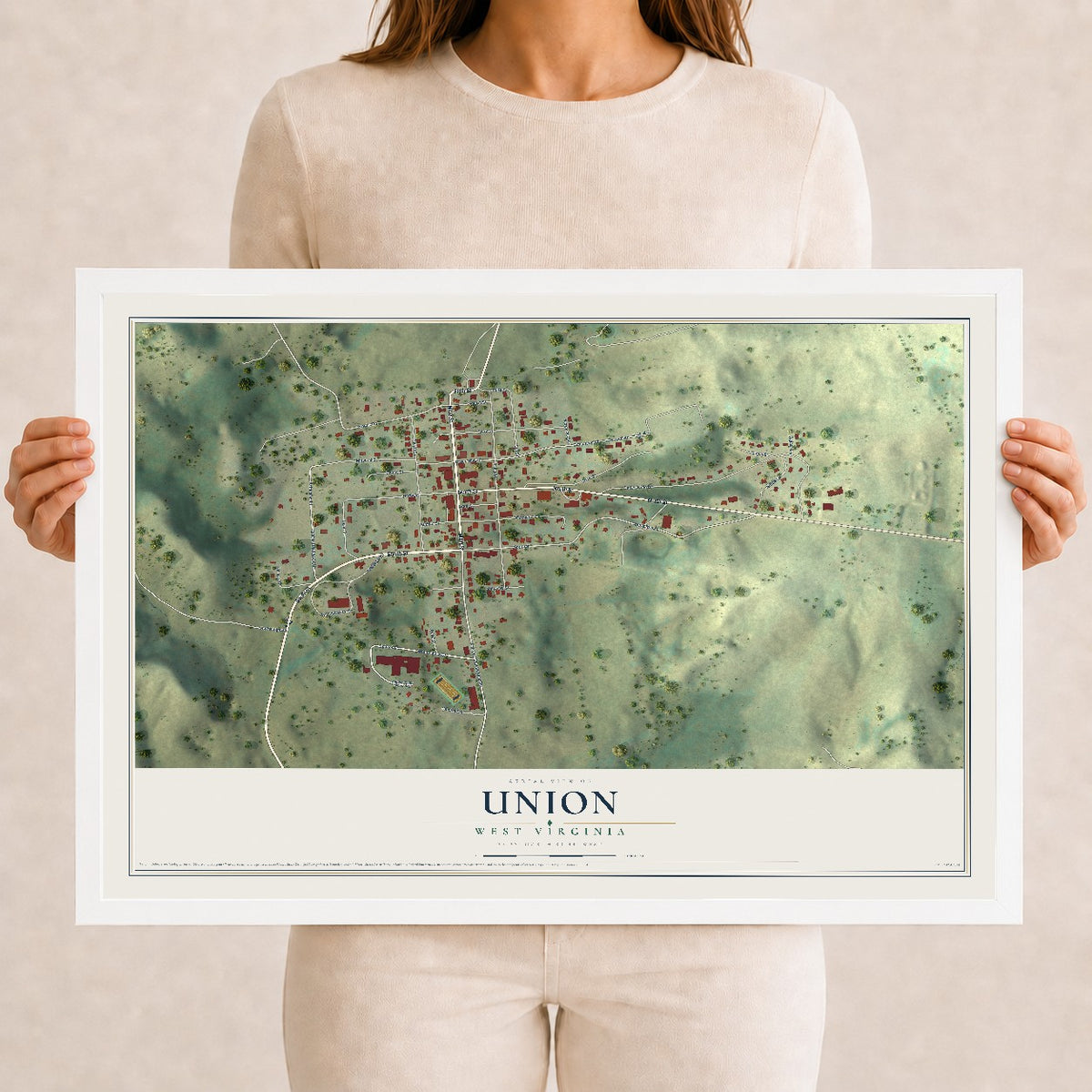 Map of Union, West Virginia, 12 x 18 inch print in a white wood frame
